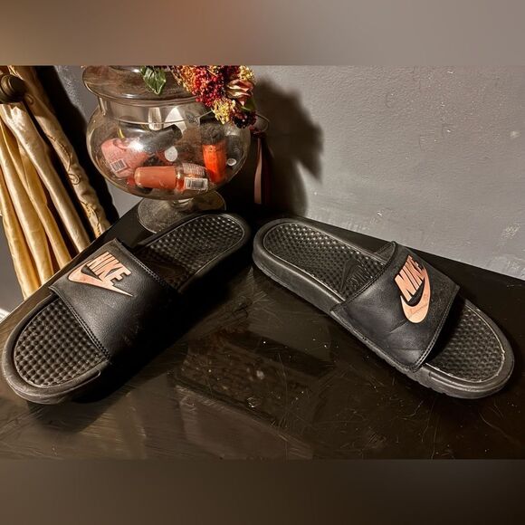 Nike Benassi Black and Gold Slide Sandals - Picture 2 of 4